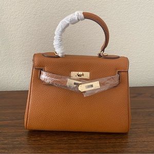 Gold Brown 25 CM Pebble Leather Structured Top Handle Bag w/ Gold Hardware